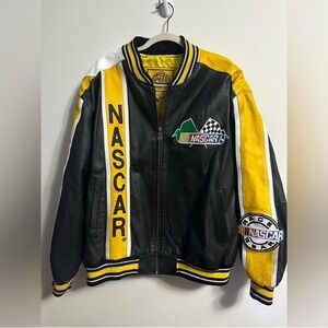 Vintage G-Ill NASCAR Racing Leather Bomber Jacket Black Yellow Team USA Size XL